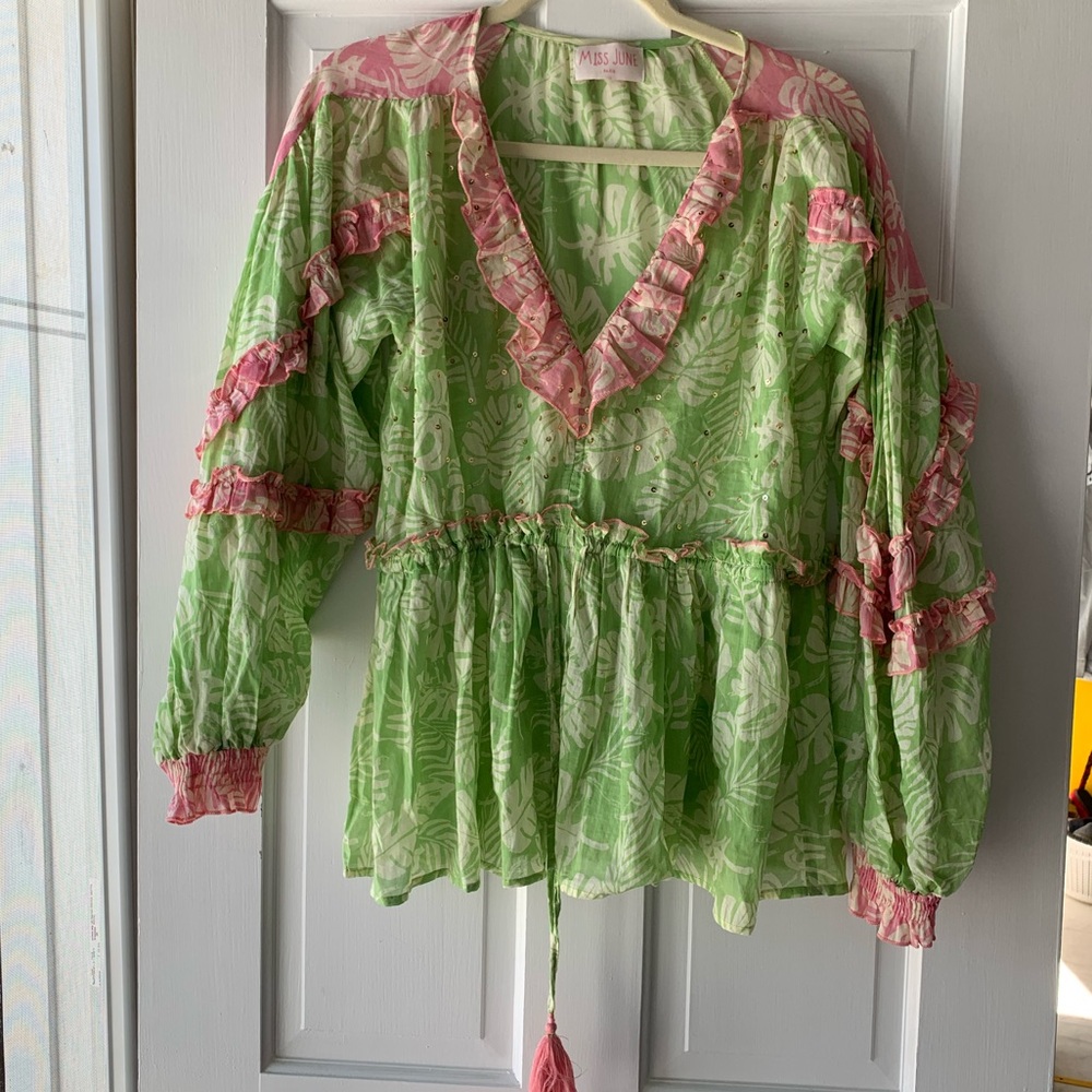 Pink and Green ruffle top, cinch waist